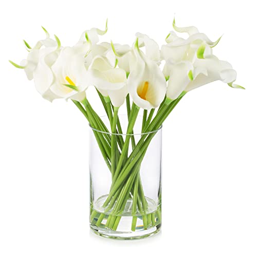 20 Pieces Artificial Real Touch Lilies Flower Arrangement in Glass Vase with Faux Water for Home Decoration (White)