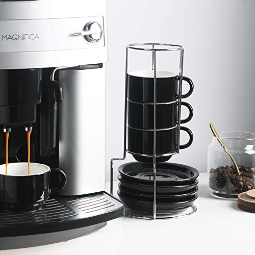 Ceramic Espresso Cups with Saucers, 4 Ounce Stackable Cappuccino Cups with Metal Stand for Coffee Drinks, Latte, Tea - Set of 4