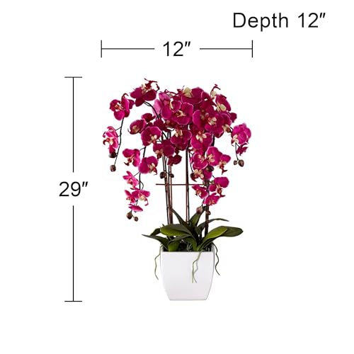 Potted Silk Faux Artificial Flowers Arrangements Realistic Purple Fuchsia Orchid in White Ceramic Pot for Home Decoration Living