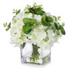 Silk Hydrangea Artificial Flowers with Vase, Mixed Fake White Hydrangea Flowers and Greenery in Faux Water Vase for Dining Table