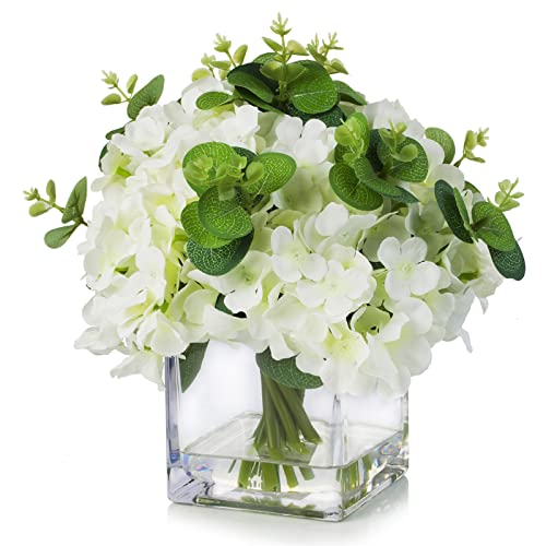 Silk Hydrangea Artificial Flowers with Vase, Mixed Fake White Hydrangea Flowers and Greenery in Faux Water Vase for Dining Table