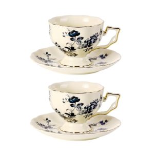 Tea Cups and Saucers Set of 2, Porcelain Coffee Cups, 6.8-Ounce Stackable Espresso Mugs, Ceramic Demitasse for Coffee, Latte,