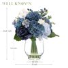 Fake Flowers in Vase with Fake Water, Realistic Faux Silk Blue Rose Hydrangea Artificial Flowers Indoor Arrangements Centerpiece