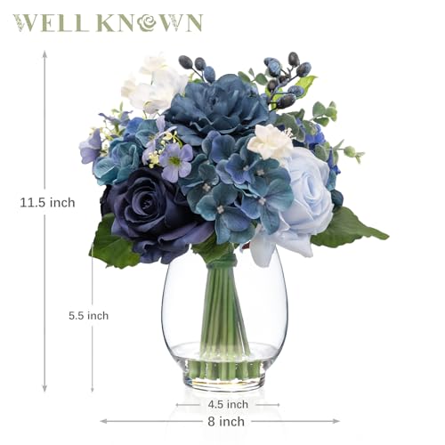 Fake Flowers in Vase with Fake Water, Realistic Faux Silk Blue Rose Hydrangea Artificial Flowers Indoor Arrangements Centerpiece