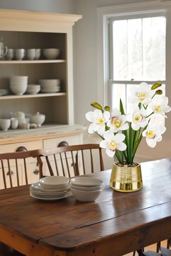 White Orchids Artificial Flowers Faux Silk Cymbidium Orchids in Gold Pot Fake White Orchid Flower Arrangements Orchid