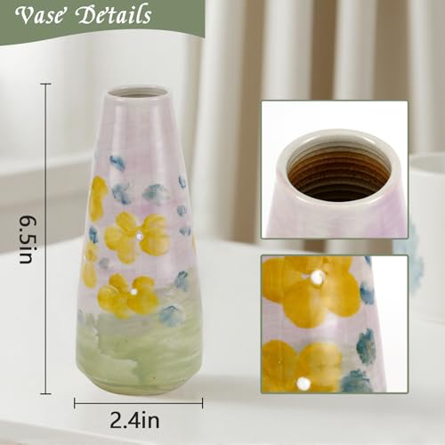 Fake Sunflowers with Hand-Painted Vase,16" Artificial Flowers in Small Ceramic Vase,Silk Flower Eucalyptus Bouquet Faux