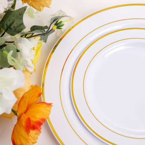 700PCS Gold Plastic Plates - Gold Disposable Dinnerware Set for 100 - Include 200 Dinner/Dessert Plates,300