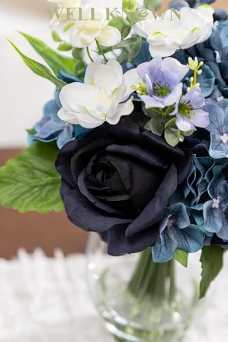 Fake Flowers in Vase with Fake Water, Realistic Faux Silk Blue Rose Hydrangea Artificial Flowers Indoor Arrangements Centerpiece