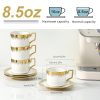 Cappuccino Cups with Saucers, 8.5 oz Stackable Ceramic Coffee Cup and Saucer with Gold Trim, Turkish Coffee Cups Set for Double