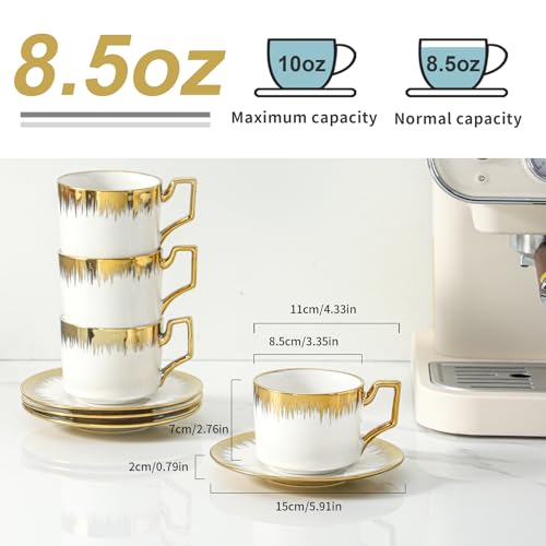 Cappuccino Cups with Saucers, 8.5 oz Stackable Ceramic Coffee Cup and Saucer with Gold Trim, Turkish Coffee Cups Set for Double