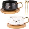 2 Pack Ceramic Tea Coffee Cup, 10 OZ Coffee Mug with 304 Stainless Steel Spoon and Bamboo Saucer, Marble Espresso Cups for