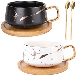 2 Pack Ceramic Tea Coffee Cup, 10 OZ Coffee Mug with 304 Stainless Steel Spoon and Bamboo Saucer, Marble Espresso Cups for