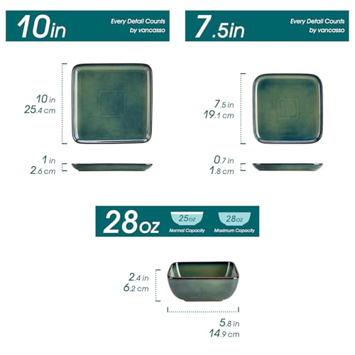 Stern Green Dinner Set Square Reactive Glaze Tableware 12 Pieces Kitchen Dinnerware Stoneware Crockery Set with Dinner Plate,
