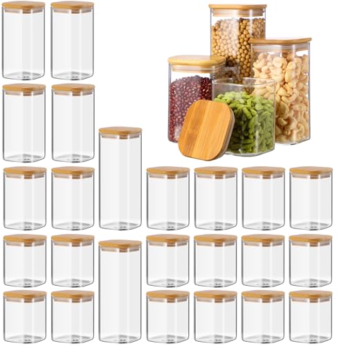 12 Pcs 24 Pcs Square Pantry Glass Storage Jars with Bamboo Lids 4 Sizes Food Storage Containers Clear Stackable Canisters