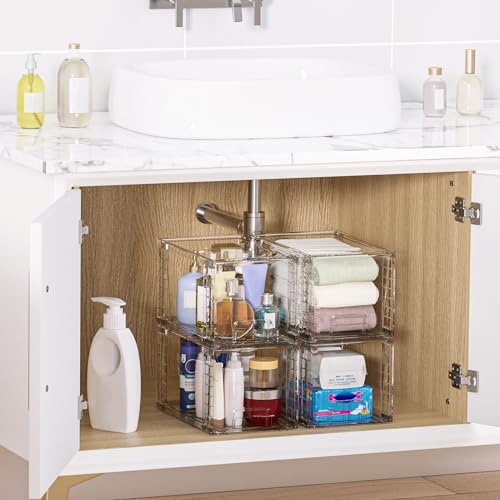 Vtopmart 4 Pack Large Stackable Storage Drawers,Easily Assemble Acrylic Bathroom Closet Undersink Organizers and Storage,Plastic