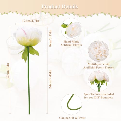 20 Heads Artificial Peony Silk Flower Leaf Home Office Wedding Party Festival Bar Decor (Cream White)