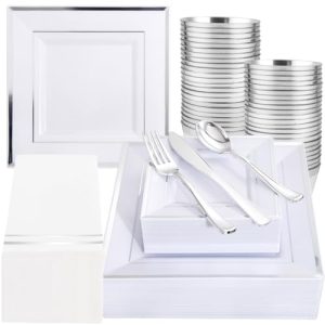 350Pcs Silver Plates - Silver Square Plastic Plates 9 .5" and 6" - serve for 50 guests include 50 Cups 50Plastic Cutlery 50Hand