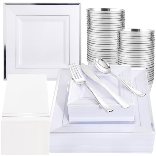 350Pcs Silver Plates - Silver Square Plastic Plates 9 .5" and 6" - serve for 50 guests include 50 Cups 50Plastic Cutlery 50Hand