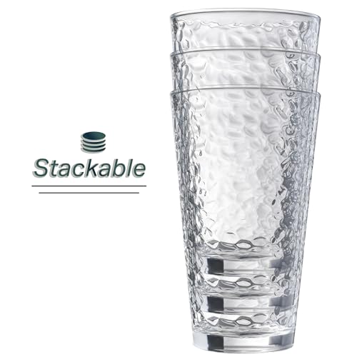 Set of 10 Hammered Glass Cups, 16oz. Dishwasher Safe Cocktail Drinking Glasses - Clear Heavy Base Stemmed Water Glasses, Tall