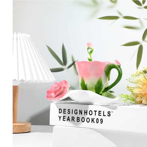 Flower Tea Cup and Saucer Set, 6 Oz Ceramic Rose Flower Coffee Cup with Spoon, Hand-Painted Cute Mug Gift for Women Birthday