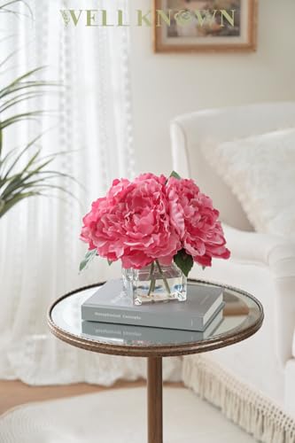 Artificial Peonies Flowers Arrangements in Cube Glass Vase, WELLKNOWN Silk Flower Centerpieces for Dining Room Table, Coffee