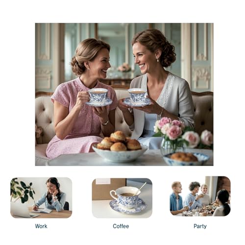 Vintage Floral Porcelain Tea Cup and Saucer Set with Spoon, Gold Trim, 6.4 oz – Set of 2, Blue – Tea & Espresso & Coffee Cups