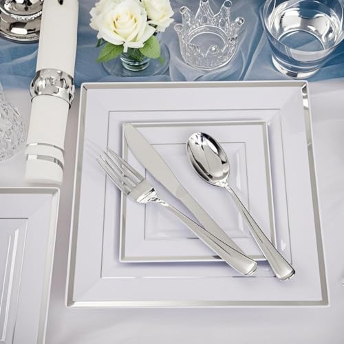 350Pcs Silver Plates - Silver Square Plastic Plates 9 .5" and 6" - serve for 50 guests include 50 Cups 50Plastic Cutlery 50Hand