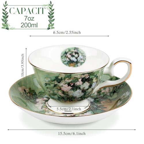 Floral Tea Cups Saucers Set of 2, Van Gogh Paintings Bone China 7 oz British Teacups Porcelain Tea Cups Coffee for Rose Teacups