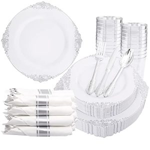 350PCS Silver Plastic Plates&Pre Rolled Napkins for 50 Guests - Plastic Dinnerware Sets 100Silver Disposable Plates, 150Silver