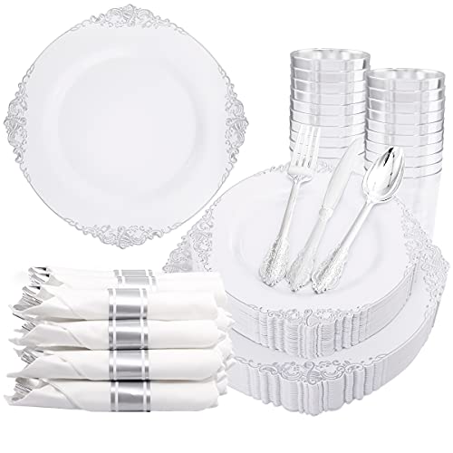 350PCS Silver Plastic Plates&Pre Rolled Napkins for 50 Guests - Plastic Dinnerware Sets 100Silver Disposable Plates, 150Silver
