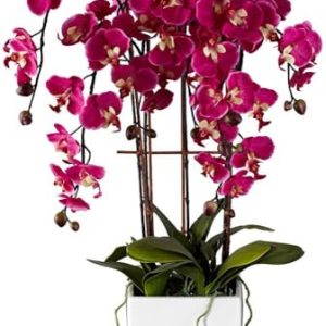 Potted Silk Faux Artificial Flowers Arrangements Realistic Purple Fuchsia Orchid in White Ceramic Pot for Home Decoration Living