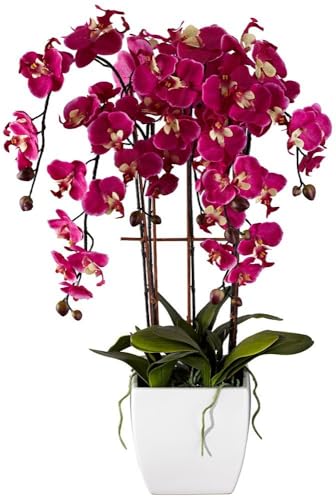 Potted Silk Faux Artificial Flowers Arrangements Realistic Purple Fuchsia Orchid in White Ceramic Pot for Home Decoration Living