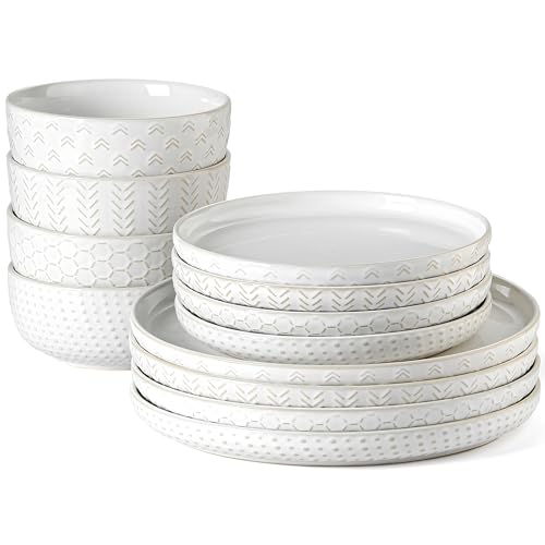 12-Piece Ceramic Plates and Bowls Sets, Farmhouse Dinnerware Sets for 4, Stoneware Dish Set, Scratch Resistant, Dishwasher &
