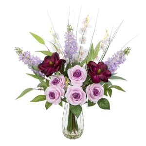 Large Artificial Flowers Floral Arrangement, Mixed Purple Rose, Lilacs, White Orchids Potted Fake Silk Flowers in Clear Vase