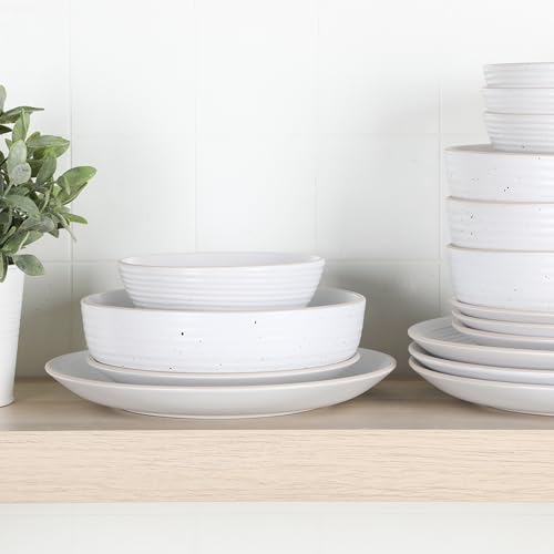 Dinah 16 Piece Double Bowl Stoneware Embossed Speckled Dinnerware Set - Matte White
