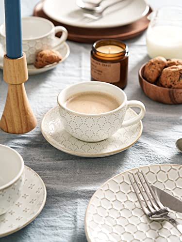 Cappuccino Cups with Saucers 6 oz, Ceramic Embossment Coffee Cup for Au Lait, Double shot, Latte, Cafe Mocha, Tea, Dishwasher