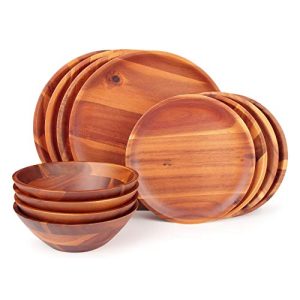 Wood Dinnerware Set 12pcs Acacia Wood Tableware Set, Dishes Set for 4