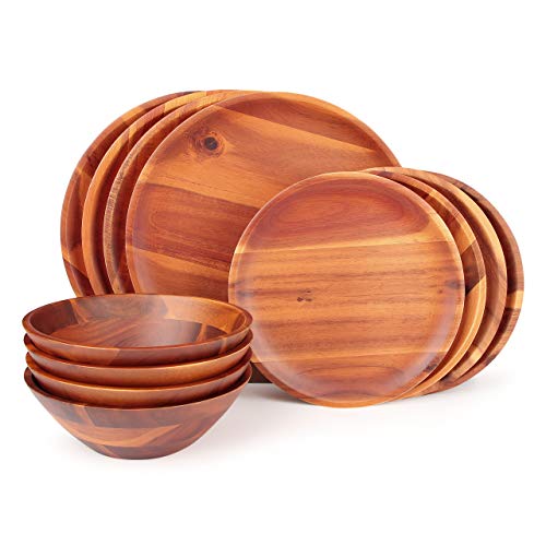 Wood Dinnerware Set 12pcs Acacia Wood Tableware Set, Dishes Set for 4