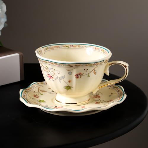 8 oz Vintage flower Ceramic cup and 6" saucer sets with Brand customized stainless steel spoon Gifts for Afternoon Tea Coffee