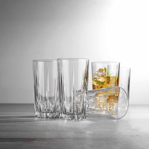 Highball Glass Cups. Set of 10 Elegant Diamond Cut Drinking Glasses. Classic 15 oz Bar Glasses. Tall Kitchen Glass for Water,