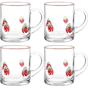 4 Pack Strawberry Glass Cups 14oz Juice Mug with Handle Clear Drinking Glasses Double Old Fashioned Handblown Cocktail Glassware