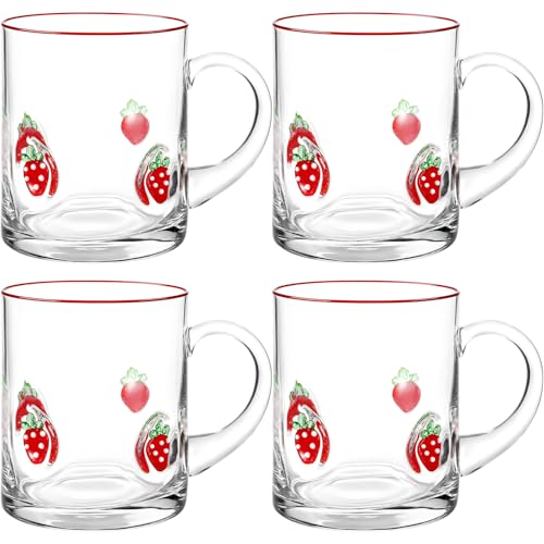 4 Pack Strawberry Glass Cups 14oz Juice Mug with Handle Clear Drinking Glasses Double Old Fashioned Handblown Cocktail Glassware