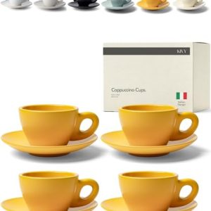 Cappuccino Cups Set of 4 [Set 4x 8oz] - Thick-Walled Stoneware Cappuccino Cup Set for Latte Art - Latte Art Mugs - Italian