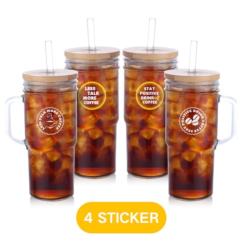 2 Pcs Glass Cups with Lids and Straws, 20oz/600ml Ice Glass Coffee Cups with Lids, Reusable Wide Mouth Tumbler with Handle &