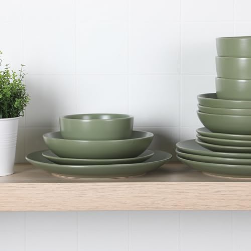 Queenslane 16 Piece Double Bowl Plates and Bowls Dinnerware Sets - Matte Green