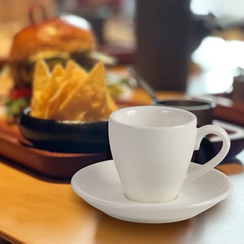 Porcelain Espresso Shot Cup Set with Saucers and Stainless Steel Spoons - 80 ml / 2.67 oz, Set of 4, White