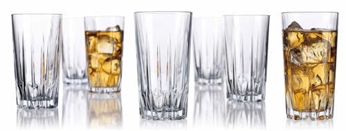 Highball Glass Cups. Set of 10 Elegant Diamond Cut Drinking Glasses. Classic 15 oz Bar Glasses. Tall Kitchen Glass for Water,