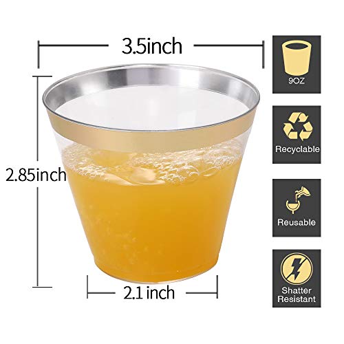200 Pack Gold Plastic Cups, 9 Oz Elegant Clear Plastic Cups Gold Rimmed Disposable Wine Glasses Fancy Disposable Party Cups
