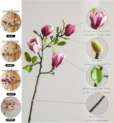 Magnolia Artificial Flowers Branches (Not Included Vase), Faux Fake 20 Heads Magnolias Stems Floral Arrangement Home Decor for