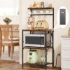 Kitchen Bakers Rack with Power Outlet, Small Coffee Bar Cart 4 Tiers, Microwave Stand Station with 8 S Hooks, Adjustable Shelf,